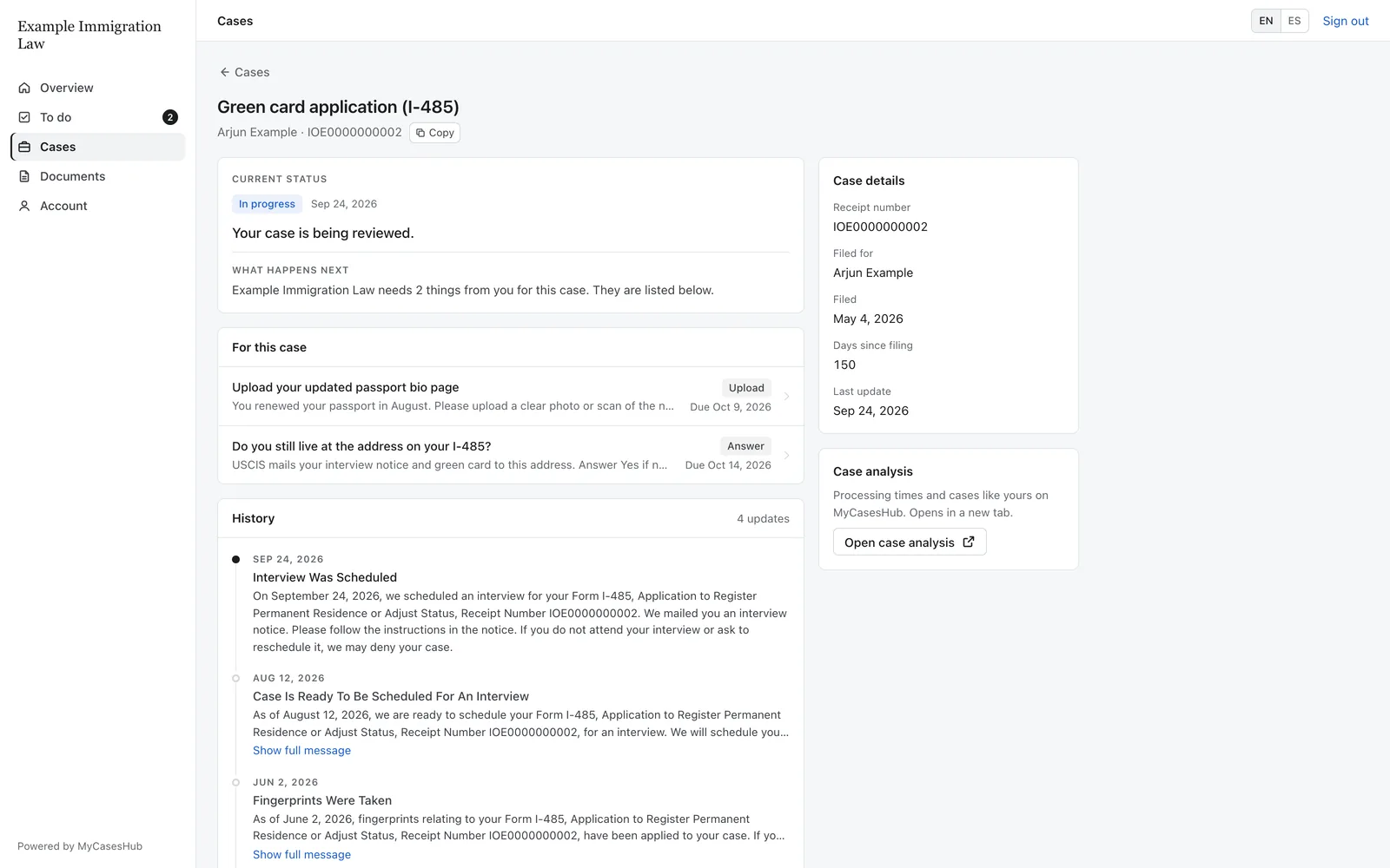 A case in the client portal with its current status, what happens next, and the history of updates