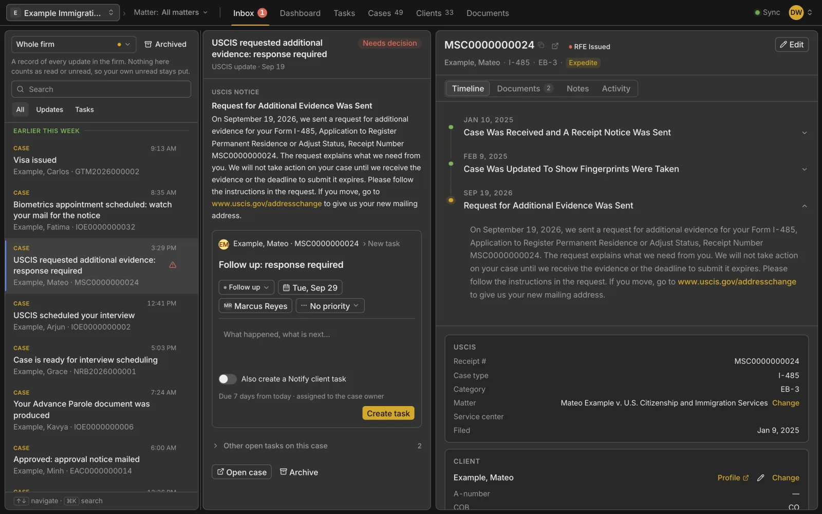 Inbox with a request for evidence open, a suggested task filled in beside it, and the case on the right