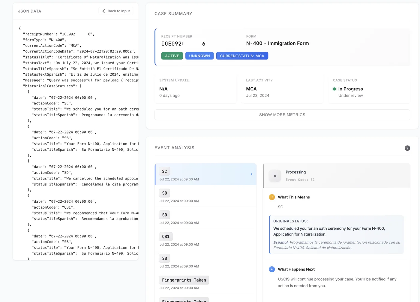 USCIS API analysis view with a case summary and a decoded event timeline from my.uscis.gov
